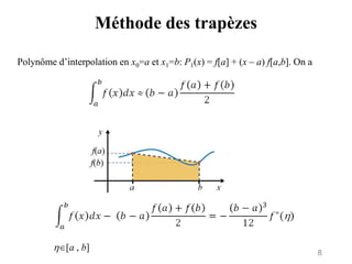 8
Méthode des trapèzes
Polynôme d’interpolation en x0=a et x1=b: P1(x) = f[a] + (x – a) f[a,b]. On a
[a , b]
 