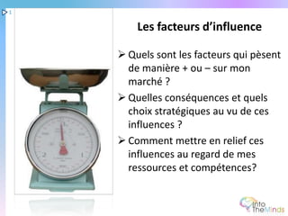 1

        Les facteurs d’influence

     Quels sont les facteurs qui pèsent
      de manière + ou – sur mon
      marché ?
     Quelles conséquences et quels
      choix stratégiques au vu de ces
      influences ?
     Comment mettre en relief ces
      influences au regard de mes
      ressources et compétences?
 