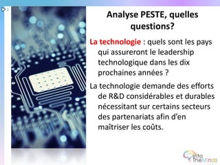 1
        Analyse PESTE, quelles
             questions?
    La technologie : quels sont les pays
      qui assureront le leadership
      technologique dans les dix
      prochaines années ?
    La technologie demande des efforts
      de R&D considérables et durables
      nécessitant sur certains secteurs
      des partenariats afin d’en
      maîtriser les coûts.
 