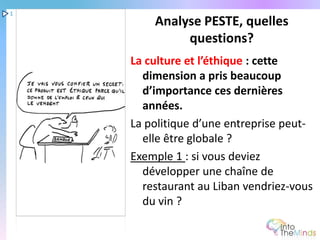 1
        Analyse PESTE, quelles
             questions?
    La culture et l’éthique : cette
      dimension a pris beaucoup
      d’importance ces dernières
      années.
    La politique d’une entreprise peut-
      elle être globale ?
    Exemple 1 : si vous deviez
      développer une chaîne de
      restaurant au Liban vendriez-vous
      du vin ?
 