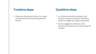 • collecte de données pertinentes sur chaque
composante de l’environnement global du
marché
• sur la base des données collectées, faire
ressortir et évaluer les facteurs d’influence
positifs ou négatifs de chaque composante.
• Ensuite, dégager les tendances et les
perspectives d’évolution du marché, objet de
l’analyse.
Troisième étape Quatrième étape
 