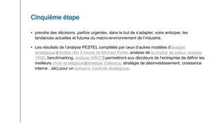 • prendre des décisions ,parfois urgentes, dans le but de s’adapter, voire anticiper, les
tendances actuelles et futures du macro-environnement de l’industrie.
• Les résultats de l’analyse PESTEL complétés par ceux d’autres modèles d’analyse
stratégique (modèle des 5 forces de Michael Porter, analyse de la chaîne de valeur, analyse
VRIO, benchmarking, analyse SWOT) permettront aux décideurs de l’entreprise de définir les
meilleurs choix stratégiques(stratégie d’alliance, stratégie de désinvestissement, croissance
interne…etc) pour un domaine d’activité stratégique.
Cinquième étape
 