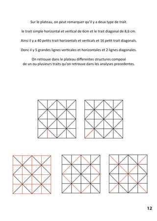 Sur le plateau, on peut remarquer qu’il y a deux type de trait.
le trait simple horizontal et vertical de 6cm et le trait diagonal de 8,6 cm.
Ainsi il y a 40 petits trait horizontals et verticals et 16 petit trait diagonals.
Donc il y 5 grandes lignes verticales et horizontales et 2 lignes diagonales.
On retrouve dans le plateau diﬀerentes structures composé
de un ou plusieurs traits qu’on retrouve dans les analyses precedentes.
12
 