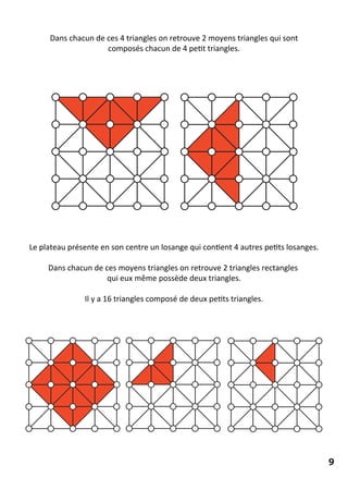 Dans chacun de ces 4 triangles on retrouve 2 moyens triangles qui sont
composés chacun de 4 petit triangles.
Le plateau présente en son centre un losange qui contient 4 autres petits losanges.
Dans chacun de ces moyens triangles on retrouve 2 triangles rectangles
qui eux même possède deux triangles.
Il y a 16 triangles composé de deux petits triangles.
9
 