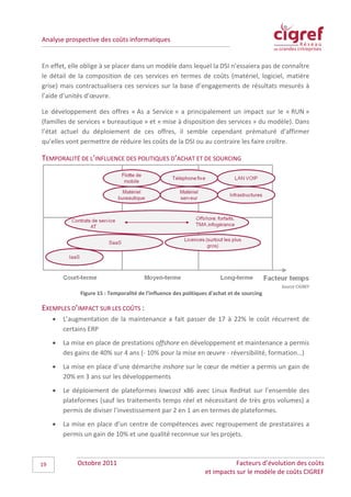 Analyse prospective des coûts informatiques


En effet, elle oblige à se placer dans un modèle dans lequel la DSI n’essaiera pas de connaître
le détail de la composition de ces services en termes de coûts (matériel, logiciel, matière
grise) mais contractualisera ces services sur la base d’engagements de résultats mesurés à
l’aide d’unités d’œuvre.

Le développement des offres « As a Service » a principalement un impact sur le « RUN »
(familles de services « bureautique » et « mise à disposition des services » du modèle). Dans
l’état actuel du déploiement de ces offres, il semble cependant prématuré d’affirmer
qu’elles vont permettre de réduire les coûts de la DSI ou au contraire les faire croître.

TEMPORALITÉ DE L’INFLUENCE DES POLITIQUES D’ACHAT ET DE SOURCING




                                                                                             Source CIGREF
              Figure 15 : Temporalité de l'influence des politiques d'achat et de sourcing

EXEMPLES D’IMPACT SUR LES COÛTS :
     •   L’augmentation de la maintenance a fait passer de 17 à 22% le coût récurrent de
         certains ERP
     •   La mise en place de prestations offshore en développement et maintenance a permis
         des gains de 40% sur 4 ans (- 10% pour la mise en œuvre - réversibilité, formation…)
     •   La mise en place d’une démarche inshore sur le cœur de métier a permis un gain de
         20% en 3 ans sur les développements
     •   Le déploiement de plateformes lowcost x86 avec Linux RedHat sur l’ensemble des
         plateformes (sauf les traitements temps réel et nécessitant de très gros volumes) a
         permis de diviser l’investissement par 2 en 1 an en termes de plateformes.
     •   La mise en place d’un centre de compétences avec regroupement de prestataires a
         permis un gain de 10% et une qualité reconnue sur les projets.



19           Octobre 2011                                                    Facteurs d’évolution des coûts
                                                                  et impacts sur le modèle de coûts CIGREF
 