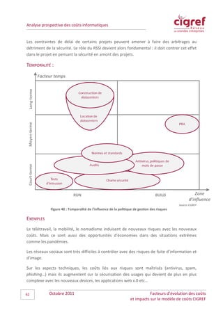 Analyse prospective des coûts informatiques


Les contraintes de délai de certains projets peuvent amener à faire des arbitrages au
détriment de la sécurité. Le rôle du RSSI devient alors fondamental : il doit contrer cet effet
dans le projet en pensant la sécurité en amont des projets.

TEMPORALITÉ :




                                                                                             Source CIGREF
             Figure 40 : Temporalité de l’influence de la politique de gestion des risques

EXEMPLES
Le télétravail, la mobilité, le nomadisme induisent de nouveaux risques avec les nouveaux
coûts. Mais ce sont aussi des opportunités d’économies dans des situations extrêmes
comme les pandémies.

Les réseaux sociaux sont très difficiles à contrôler avec des risques de fuite d’information et
d’image.

Sur les aspects techniques, les coûts liés aux risques sont maîtrisés (antivirus, spam,
phishing…) mais ils augmentent sur la sécurisation des usages qui devient de plus en plus
complexe avec les nouveaux devices, les applications web x.0 etc…


62          Octobre 2011                                                    Facteurs d’évolution des coûts
                                                                 et impacts sur le modèle de coûts CIGREF
 