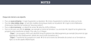 Chaque site internet a ses objectifs.
• Pour une jeune entreprise : il s’agit d’augmenter sa réputation → et donc d’augmenter le nombre de visites sur le site
• Pour des sites médias, blogs : ce sont des modèles économiques basés sur la publicité → il s’agit ici de la fidélisation
d’internautes (identifier les nombre de “returning visitors”)
• Pour un site e-commerce : un objectif de ventes → calcul du chiffre d’affaires
• Pour un site avec une offre de services : par exemple un centre de formation / ou une école → L’objectif est de générer des
prospects et les transformer en leads. Pour cela, il y a 2 étapes :
- Etape 1 : Les prospects → Ils sont identifiés lorsqu’ils génèrent des téléchargements par exemple (document du type
plaquette de votre établissement, détails des cours et des formations etc.)
- Étape 2 : Transformer les prospects en Leads → On le voit à travers les demandes de contact via un formulaire en
ligne, ou via des appels téléphoniques.
NOTES
 