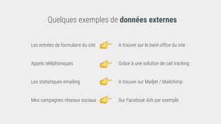 Quelques exemples de données externes
Les entrées de formulaire du site A trouver sur le back-office du site
Appels téléphoniques Grâce à une solution de call tracking
Les statistiques emailing A trouver sur Mailjet / Mailchimp
Mes campagnes réseaux sociaux Sur Facebook Ads par exemple
 