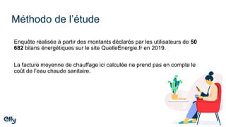 Méthodo de l’étude
Enquête réalisée à partir des montants déclarés par les utilisateurs de 50
682 bilans énergétiques sur le site QuelleEnergie.fr en 2019.
La facture moyenne de chauffage ici calculée ne prend pas en compte le
coût de l’eau chaude sanitaire.
 