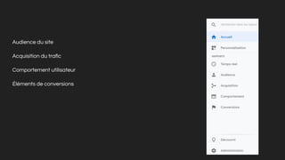 Audience du site
Acquisition du traﬁc
Comportement utilisateur
Éléments de conversions
 