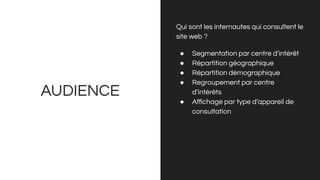 AUDIENCE
Qui sont les internautes qui consultent le
site web ?
● Segmentation par centre d’intérêt
● Répartition géographique
● Répartition démographique
● Regroupement par centre
d’intérêts
● Aﬃchage par type d’appareil de
consultation
 
