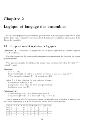 Chapitre 2

Logique et langage des ensembles

     Le but de ce chapitre est de pr´senter les quantiﬁcateurs ∀ et ∃ qui apparaˆ
                                    e                                           ıtront dans ce cours
(limite d’une suite, continuit´ d’une fonction) et de rappeler les d´ﬁnitions ´l´mentaires de la
                                e                                      e          ee
th´orie des ensembles.
   e


2.1     Propositions et op´rateurs logiques
                          e
D´ﬁnition 2.1.1 Une relation (ou proposition) est une phrase aﬃrmative qui est vraie ou fausse
  e
(V ou F en abr´g´).
              e e
   Une relation porte sur des objets math´matiques comme des nombres, des fonctions, des ﬁgures
                                         e
g´om´triques,etc.
 e e

   Voici quelques exemples de relations. On indique entre parenth`ses la valeur de v´rit´ (V =
                                                                 e                  e e
vrai et F= faux).

Exemples.
  – 5 + 7 = 11. (F)
  – L’aire d’un triangle est ´gale ` la moiti´ du produit de la base par la hauteur (V).
    √                        e     a         e
  – 2 est un nombre rationnel (F) (voir proposition 1.1.1)

   Soient R et S deux relations. On peut en former d’autres :
   – la conjonction, not´e (R et S).
                         e
   – la disjonction, not´e (R ou S). (le ou n’est pas exclusif)
                        e
   – la n´gation, not´e (non R).
         e            e

D´ﬁnition 2.1.2
 e
   – L’implication (R ⇒ S) est la relation (non R) ou S.
   – L’´quivalence (R ⇔ S) est la relation (R ⇒ S) et (S ⇒ R).
       e
   Ainsi la valeur de v´rit´ d’une relation comme par exemple R ⇒ S ou R ⇔ S sera fonction
                        e e
des valeurs de v´rit´ de R et S. La situation est d´crite dans la table suivante.
                e e                                e

    R    S   R et S   R ou S    non R    (R ⇒ S)     (R ⇔ S)
    V    V     V        V         F         V           V
    V    F     F        V         F         F           F
    F    V     F        V         V         V           F
    F    F     F        F         V         V           V

                                                15
 