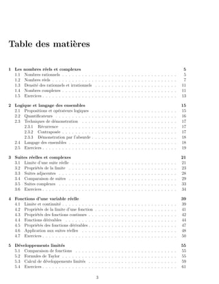 Table des mati`res
              e

1 Les   nombres r´els et complexes
                    e                                                                                                                                                5
  1.1   Nombres rationnels . . . . . . . . . .                  .   .   .   .   .   .   .   .   .   .   .   .   .   .   .   .   .   .   .   .   .   .   .   .   .    5
  1.2   Nombres r´els . . . . . . . . . . . . .
                   e                                            .   .   .   .   .   .   .   .   .   .   .   .   .   .   .   .   .   .   .   .   .   .   .   .   .    7
  1.3   Densit´ des rationnels et irrationnels
              e                                                 .   .   .   .   .   .   .   .   .   .   .   .   .   .   .   .   .   .   .   .   .   .   .   .   .   11
  1.4   Nombres complexes . . . . . . . . . .                   .   .   .   .   .   .   .   .   .   .   .   .   .   .   .   .   .   .   .   .   .   .   .   .   .   11
  1.5   Exercices . . . . . . . . . . . . . . . .               .   .   .   .   .   .   .   .   .   .   .   .   .   .   .   .   .   .   .   .   .   .   .   .   .   13

2 Logique et langage des ensembles                                                                                                                                  15
  2.1 Propositions et op´rateurs logiques
                          e                                 .   .   .   .   .   .   .   .   .   .   .   .   .   .   .   .   .   .   .   .   .   .   .   .   .   .   15
  2.2 Quantiﬁcateurs . . . . . . . . . . .                  .   .   .   .   .   .   .   .   .   .   .   .   .   .   .   .   .   .   .   .   .   .   .   .   .   .   16
  2.3 Techniques de d´monstration . . .
                       e                                    .   .   .   .   .   .   .   .   .   .   .   .   .   .   .   .   .   .   .   .   .   .   .   .   .   .   17
      2.3.1 R´currence . . . . . . . . .
               e                                            .   .   .   .   .   .   .   .   .   .   .   .   .   .   .   .   .   .   .   .   .   .   .   .   .   .   17
      2.3.2 Contrapos´e . . . . . . . . .
                         e                                  .   .   .   .   .   .   .   .   .   .   .   .   .   .   .   .   .   .   .   .   .   .   .   .   .   .   17
      2.3.3 D´monstration par l’absurde
               e                                            .   .   .   .   .   .   .   .   .   .   .   .   .   .   .   .   .   .   .   .   .   .   .   .   .   .   18
  2.4 Langage des ensembles . . . . . . .                   .   .   .   .   .   .   .   .   .   .   .   .   .   .   .   .   .   .   .   .   .   .   .   .   .   .   18
  2.5 Exercices . . . . . . . . . . . . . . .               .   .   .   .   .   .   .   .   .   .   .   .   .   .   .   .   .   .   .   .   .   .   .   .   .   .   19

3 Suites r´elles et complexes
          e                                                                                                                                                         21
  3.1 Limite d’une suite r´elle
                           e        .   .   .   .   .   .   .   .   .   .   .   .   .   .   .   .   .   .   .   .   .   .   .   .   .   .   .   .   .   .   .   .   21
  3.2 Propri´t´s de la limite .
             ee                     .   .   .   .   .   .   .   .   .   .   .   .   .   .   .   .   .   .   .   .   .   .   .   .   .   .   .   .   .   .   .   .   23
  3.3 Suites adjacentes . . . .     .   .   .   .   .   .   .   .   .   .   .   .   .   .   .   .   .   .   .   .   .   .   .   .   .   .   .   .   .   .   .   .   28
  3.4 Comparaison de suites .       .   .   .   .   .   .   .   .   .   .   .   .   .   .   .   .   .   .   .   .   .   .   .   .   .   .   .   .   .   .   .   .   29
  3.5 Suites complexes . . . .      .   .   .   .   .   .   .   .   .   .   .   .   .   .   .   .   .   .   .   .   .   .   .   .   .   .   .   .   .   .   .   .   33
  3.6 Exercices . . . . . . . . .   .   .   .   .   .   .   .   .   .   .   .   .   .   .   .   .   .   .   .   .   .   .   .   .   .   .   .   .   .   .   .   .   34

4 Fonctions d’une variable r´ellee                                                                                                                                  39
  4.1 Limite et continuit´ . . . . . . . . . .
                          e                                     .   .   .   .   .   .   .   .   .   .   .   .   .   .   .   .   .   .   .   .   .   .   .   .   .   39
  4.2 Propri´t´s de la limite d’une fonction
            ee                                                  .   .   .   .   .   .   .   .   .   .   .   .   .   .   .   .   .   .   .   .   .   .   .   .   .   41
  4.3 Propri´t´s des fonctions continues . .
            ee                                                  .   .   .   .   .   .   .   .   .   .   .   .   .   .   .   .   .   .   .   .   .   .   .   .   .   42
  4.4 Fonctions d´rivables . . . . . . . . .
                  e                                             .   .   .   .   .   .   .   .   .   .   .   .   .   .   .   .   .   .   .   .   .   .   .   .   .   44
  4.5 Propri´t´s des fonctions d´rivables . .
            ee                     e                            .   .   .   .   .   .   .   .   .   .   .   .   .   .   .   .   .   .   .   .   .   .   .   .   .   47
  4.6 Application aux suites r´elles . . . .
                                e                               .   .   .   .   .   .   .   .   .   .   .   .   .   .   .   .   .   .   .   .   .   .   .   .   .   48
  4.7 Exercices . . . . . . . . . . . . . . . .                 .   .   .   .   .   .   .   .   .   .   .   .   .   .   .   .   .   .   .   .   .   .   .   .   .   50

5 D´veloppements limit´s
    e                      e                                                                                                                                        55
  5.1 Comparaison de fonctions . . . .                  .   .   .   .   .   .   .   .   .   .   .   .   .   .   .   .   .   .   .   .   .   .   .   .   .   .   .   55
  5.2 Formules de Taylor . . . . . . . .                .   .   .   .   .   .   .   .   .   .   .   .   .   .   .   .   .   .   .   .   .   .   .   .   .   .   .   55
  5.3 Calcul de d´veloppements limit´s
                  e                     e               .   .   .   .   .   .   .   .   .   .   .   .   .   .   .   .   .   .   .   .   .   .   .   .   .   .   .   59
  5.4 Exercices . . . . . . . . . . . . . .             .   .   .   .   .   .   .   .   .   .   .   .   .   .   .   .   .   .   .   .   .   .   .   .   .   .   .   61

                                                                3
 