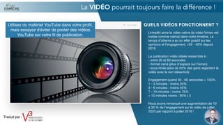 QUELS VIDÉOS FONCTIONNENT ?
LinkedIn aime la vidéo native (la vidéo Vimeo est
traitée comme native) dans notre timeline. Le
temps d'attente a eu un eﬀet positif sur les
opinions et l'engagement, +20 - 40% depuis
2019

La publication vidéo idéale ressemble à :

- entre 30 et 60 secondes

- format carré (plus d'espace sur l'écran)

- sous-titrée (plus de 50% des gens regardent la
vidéo avec le son désactivé)

Engagement quand 30 - 60 secondes = 100%.

1 - 3 minutes : moins 20%.

3 - 6 minutes : moins 45%

7 - 10 minutes : moins 75%

> 10 minutes moins : 90% ( !)

Nous avons remarqué une augmentation de 10
à 30 % de l'engagement sur la vidéo de juillet
2020 par rapport à juillet 2019 !
La VIDÉO pourrait toujours faire la différence !
Utilisez du matériel YouTube dans votre proﬁl,
mais essayez d'éviter de poster des vidéos
YouTube sur votre ﬁl de publication.
Traduit par :
 