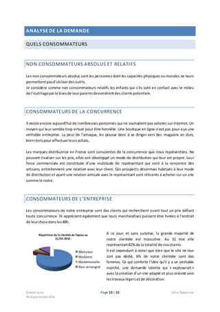 Ecema Lyon Page 10 / 31 Julie Depoisier
Analysesectorielle
ANALYSE DE LA DEMANDE
QUELS CONSOMMATEURS
NON CONSOMMATEURS ABSOLUS ET RELATIFS
Les non consommateurs absolus sont les personnes dont les capacités physiques ou morales ne leurs
permettentpasd’utiliserdesoutils.
Je considère comme non consommateurs relatifs les enfants qui s’ils sont en contact avec le milieu
de l’outillageparle biaisde leurparentsdeviendrontdesclientspotentiels.
CONSOMMATEURS DE LA CONCURRENCE
Il existe encore aujourd’hui de nombreuses personnes qui ne souhaitent pas acheter sur Internet. Un
moyen qui leur semble trop virtuel pour être honnête. Une boutique en ligne n’est pas pour eux une
véritable entreprise. La peur de l’arnaque, les pousse donc à se diriger vers des magasins en durs,
bienréelspoureffectuerleurs achats.
Les marques distributrice en France sont conscientes de la concurrence que nous représentons. Ne
pouvant rivaliser sur les prix, elles ont développé un mode de distribution qui leur est propre. Leur
force commerciale est constituée d’une multitude de représentant qui vont à la rencontre des
artisans, entretiennent une relation avec leur client. Ces prospects désormais habitués à leur mode
de distribution et ayant une relation amicale avec le représentant sont réticents à acheter sur un site
comme le notre.
CONSOMMATEURS DE L’ENTREPRISE
Les consommateurs de notre entreprise sont des clients qui recherchent avant tout un prix défiant
toute concurrence. Ils apprécient également que leurs marchandises puissent être livrées à l’endroit
de leurchoix dansles48h.
A ce jour, et sans surprise, la grande majorité de
notre clientèle est masculine. Au 31 mai elle
représentait82% de la totalité de nosclients.
Il est cependant à noter que bien que le site ne leur
soit pas dédié, 6% de notre clientèle sont des
femmes. Ce qui conforte l’idée qu’il y a un véritable
marché, une demande latente qui « exploserait»
avec la création d’un site adapté et plus orienté vers
lestravaux légersetde décoration.
Répartition de laclientèlede Taptoo au
31/05.2010 :
Monsieur
Madame
Mademoiselle
Non renseigné
 
