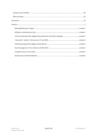 Ecema Lyon Page 2 / 31 Julie Depoisier
Analysesectorielle
Analyse concurrentielle......................................................................................................................................................18
Offre de Taptoo ...................................................................................................................................................................20
Conclusion.................................................................................................................................................................................23
Annexes .......................................................................................................................................................................................1
Mailing Miliboo pour Taptoo............................................................................................................................annexe 1
Acheteurs recidivistes par mois.......................................................................................................................annexe 2
Liste non exhaustive des catégories de produits du marché de l’outillage.............................................annexe 2
L’Humanité - Société - Article paru le 27 mai 1999......................................................................................annexe 3
Poids des groupes de bricolage en Haute-Savoie.........................................................................................annexe 4
Quart de page dans le Paru Vendu du 25 Mai 2010 ....................................................................................annexe 4
Prospectus reçu le 3 Juin 2010.........................................................................................................................annexe 5
Analyse Concurrentielle Détaillée ...................................................................................................................annexe 6
 