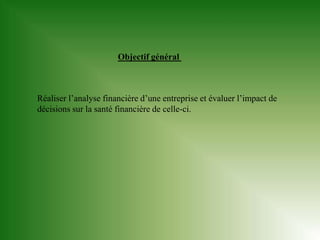 Objectif général



Réaliser l’analyse financière d’une entreprise et évaluer l’impact de
décisions sur la santé financière de celle-ci.
 
