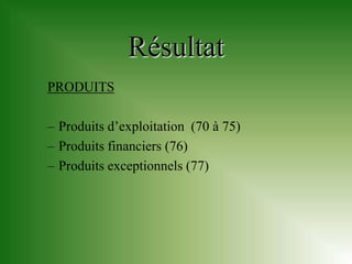 Résultat
PRODUITS

– Produits d’exploitation (70 à 75)
– Produits financiers (76)
– Produits exceptionnels (77)
 
