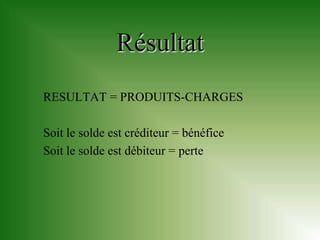 Résultat
RESULTAT = PRODUITS-CHARGES

Soit le solde est créditeur = bénéfice
Soit le solde est débiteur = perte
 