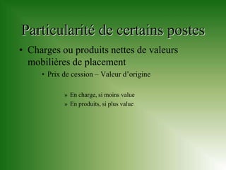 Particularité de certains postes
• Charges ou produits nettes de valeurs
  mobilières de placement
     • Prix de cession – Valeur d’origine

            » En charge, si moins value
            » En produits, si plus value
 