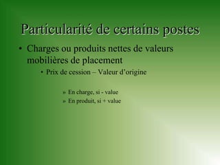 Particularité de certains postes
• Charges ou produits nettes de valeurs
  mobilières de placement
     • Prix de cession – Valeur d’origine

            » En charge, si - value
            » En produit, si + value
 
