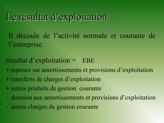 Le résultat d’exploitation
 Il découle de l’activité normale et courante de
 l’entreprise.

résultat d’exploitation = EBE
+ reprises sur amortissements et provisions d’exploitation
+ transferts de charges d’exploitation
+ autres produits de gestion courante
- dotation aux amortissements et provisions d’exploitation
- autres charges de gestion courante
 