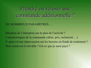 Prendre ou refuser une
        commande additionnelle ?
DE NOMBREUX PARAMETRES….

Situation de l’entreprise sur le plan de l’activité ?
Caractéristiques de la commande (délai, prix, technicité….)
Y aura-t-il une répercussion sur les besoins en fonds de roulement ?
Mon client est-il solvable ? Est-ce que je serai payé ?
 