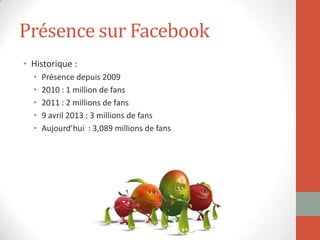 Présence sur Facebook
• Historique :
• Présence depuis 2009
• 2010 : 1 million de fans
• 2011 : 2 millions de fans
• 9 avril 2013 : 3 millions de fans
• Aujourd’hui : 3,089 millions de fans
 