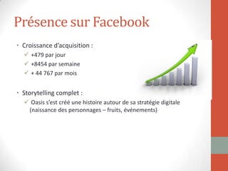 Présence sur Facebook
• Croissance d’acquisition :
 +479 par jour
 +8454 par semaine
 + 44 767 par mois
• Storytelling complet :
 Oasis s’est créé une histoire autour de sa stratégie digitale
(naissance des personnages – fruits, événements)
 