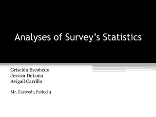 Analyses of Survey’s Statistics Griselda Escobedo Jessica DeLuna Avigail Carrillo Mr. Eastvedt, Period 4 