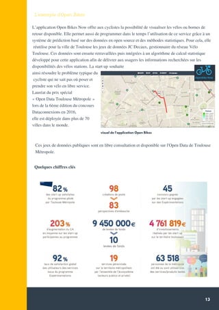 13
L'exemple d'Open Bikes
Quelques chiffres *
L’application Open Bikes Now offre aux cyclistes la possibilité de visualiser les vélos ou bornes de
retour disponible. Elle permet aussi de programmer dans le temps l’utilisation de ce service grâce à un
système de prédiction basé sur des données en open source et des méthodes statistiques. Pour cela, elle
réutilise pour la ville de Toulouse les jeux de données JC Decaux, gestionnaire du réseau Vélo
Toulouse. Ces données sont ensuite retravaillées puis intégrées à un algorithme de calcul statistique
développé pour cette application afin de délivrer aux usagers les informations recherchées sur les
disponibilités des vélos stations. La start up souhaite
ainsi résoudre le problème typique du
cycliste qui ne sait pas où poser et
prendre son vélo en libre service.
Lauréat du prix spécial
« Open Data Toulouse Métropole »
lors de la 6ème édition du concours
Dataconnexions en 2016,
elle est déployée dans plus de 70
villes dans le monde.
  
Source: Communiqué de presse 2018 - Conseil
Régional
Ces jeux de données publiques sont en libre consultation et disponible sur l'Open Data de Toulouse
Métropole.
Quelques chiffres clés
visuel de l'application Open Bikes
 