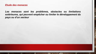 Etude des menaces
Les menaces sont les problèmes, obstacles ou limitations
extérieures, qui peuvent empêcher ou limiter le développement du
pays ou d'un secteur
 