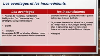 Les avantages et les inconvénients
Les avantages les inconvénients
• Permet de visualiser rapidement
l'adéquation (ou l'inadéquation) d'une
stratégie à une problématique.
• Clarté.
• Simplicité :
Une analyse SWOT est simple à effectuer, ce qui
pose la fois des avantages et des inconvénients.
• Distinction entre ce qui est interne et ce qui est
externe pas toujours évidente.
• La justesse des résultats dépend de la justesse
de l’analyse sur le court, moyen et long terme,
et de la conscience que l’environnement
interne ou externe peut rapidement changer.
• Ambiguïté .
 