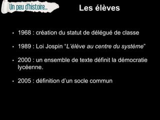 • 1968 : création du statut de délégué de classe
• 1989 : Loi Jospin “L’élève au centre du système”
• 2000 : un ensemble de texte définit la démocratie
lycéenne.
• 2005 : définition d’un socle commun
Les élèves
 