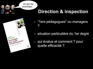 • “1ers pédagogues” ou managers
?
• situation particulière du 1er degré
• qui évalue et comment ? pour
quelle efficacité ?
Un peu de
sociologie…
Direction & inspection
 