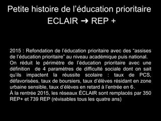 Petite histoire de l’éducation prioritaire
ECLAIR ➜ REP +
2015 : Refondation de l’éducation prioritaire avec des “assises
de l’éducation prioritaire” au niveau académique puis national.
On réduit le périmètre de l’éducation prioritaire avec une
définition de 4 paramètres de difficulté sociale dont on sait
qu’ils impactent la réussite scolaire : taux de PCS,
défavorisées, taux de boursiers, taux d’élèves résidant en zone
urbaine sensible, taux d’élèves en retard à l’entrée en 6e
.
À la rentrée 2015, les réseaux ÉCLAIR sont remplacés par 350
REP+ et 739 REP (révisables tous les quatre ans)
 