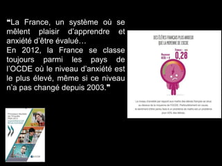 ❝La France, un système où se
mêlent plaisir d’apprendre et
anxiété d’être évalué…
En 2012, la France se classe
toujours parmi les pays de
l’OCDE où le niveau d’anxiété est
le plus élevé, même si ce niveau
n’a pas changé depuis 2003.❞
 