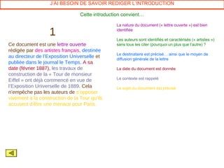 J’AI BESOIN DE SAVOIR REDIGER L’INTRODUCTION

                                 Cette introduction convient…

                                                 La nature du document (« lettre ouverte ») est bien

                   1                             identifiée

                                                 Les auteurs sont identifiés et caractérisés (« artistes »)
Ce document est une lettre ouverte               sans tous les citer (pourquoi un plus que l’autre) ?
rédigée par des artistes français, destinée
                                                 Le destinataire est précisé… ainsi que le moyen de
au directeur de l’Exposition Universelle et      diffusion générale de la lettre
publiée dans le journal le Temps. A sa
date (février 1887), les travaux de              La date du document est donnée
construction de la « Tour de monsieur
Eiffel » ont déjà commencé en vue de             Le contexte est rappelé
l’Exposition Universelle de 1889. Cela           Le sujet du document est précisé
n’empêche pas les auteurs de s’opposer
vivement à la construction de la Tour qu’ils
accusent d’être une menace pour Paris.
 