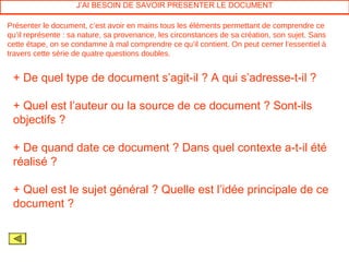 J’AI BESOIN DE SAVOIR PRESENTER LE DOCUMENT

Présenter le document, c’est avoir en mains tous les éléments permettant de comprendre ce
qu’il représente : sa nature, sa provenance, les circonstances de sa création, son sujet. Sans
cette étape, on se condamne à mal comprendre ce qu’il contient. On peut cerner l’essentiel à
travers cette série de quatre questions doubles.


 + De quel type de document s’agit-il ? A qui s’adresse-t-il ?

 + Quel est l’auteur ou la source de ce document ? Sont-ils
 objectifs ?

 + De quand date ce document ? Dans quel contexte a-t-il été
 réalisé ?

 + Quel est le sujet général ? Quelle est l’idée principale de ce
 document ?
 