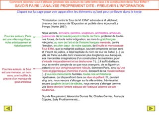 Comment décririez-vous l’attitude générale des auteurs de cette lettre face à la construction de la Tour Eiffel ?
            SAVOIR FAIRE L’ANALYSE PROPREMENT DITE : PRELEVER L’INFORMATION
              Cliquez sur la page pour voir apparaître les éléments qu’ont peut prélever dans le texte

                                 "Protestation contre la Tour de M. Eiffel" adressée à M. Alphand,
                                 directeur des travaux de l'Exposition et publiée dans le journal Le
                                 Temps (février 1887)

                                 Nous venons, écrivains, peintres, sculpteurs, architectes, amateurs
 Pour les auteurs, Paris         passionnés de la beauté jusqu'ici intacte de Paris, protester de toutes
est une ville magnifique,        nos forces, de toute notre indignation, au nom du goût français
  riche artistiquement et        méconnu, au nom de l'art et de l'histoire français menacés, contre
          historiquement         l'érection, en plein cœur de notre capitale, de l'inutile et monstrueuse
                                 Tour Eiffel, que la malignité publique, souvent empreinte de bon sens
                                 et d'esprit de justice, a déjà baptisée du nom de tour de Babel. (...) La
                                 ville de Paris va-t-elle donc s'associer plus longtemps aux baroques,
                                 aux mercantiles imaginations d'un constructeur de machines, pour
                                 s'enlaidir irréparablement et se déshonorer ? (...).Il suffit d'ailleurs,
                                 pour se rendre compte de ce que nous avançons, de se figurer un
                                 instant une tour vertigineusement ridicule, dominant Paris, ainsi qu'une
Pour les auteurs, la Tour
                                 noire et gigantesque cheminée d'usine, écrasant de sa masse barbare
est une menace, un non-
                                 (...) tous nos monuments humiliés, toutes nos architectures
     sens, une inutilité, la
                                 rapetissées, qui disparaîtront dans ce rêve stupéfiant. Et, pendant
 preuve d’un manque de
                                 vingt ans, nous verrons s'allonger sur la ville entière, frémissante
           goût artistique
                                 encore du génie de tant de siècles, nous verrons s'allonger comme
                                 une tache d'encre l'ombre odieuse de l'odieuse colonne de tôle
                                 boulonnée.

                                 Guy de Maupassant, Alexandre Dumas fils, Charles Garnier, François
                                 Coppée, Sully Prudhomme etc...
 