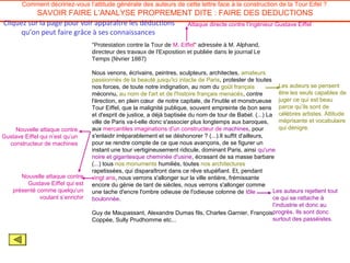 Comment décririez-vous l’attitude générale des auteurs de cette lettre face à la construction de la Tour Eifel ?
           SAVOIR FAIRE L’ANALYSE PROPREMENT DITE : FAIRE DES DEDUCTIONS
Cliquez sur la page pour voir apparaître les déductions Attaque directe contre l’ingénieur Gustave Eiffel
      qu’on peut faire grâce à ses connaissances
                                   "Protestation contre la Tour de M. Eiffel" adressée à M. Alphand,
                                   directeur des travaux de l'Exposition et publiée dans le journal Le
                                   Temps (février 1887)

                                   Nous venons, écrivains, peintres, sculpteurs, architectes, amateurs
                                   passionnés de la beauté jusqu'ici intacte de Paris, protester de toutes
                                   nos forces, de toute notre indignation, au nom du goût français               Les auteurs se pensent
                                   méconnu, au nom de l'art et de l'histoire français menacés, contre            être les seuls capables de
                                   l'érection, en plein cœur de notre capitale, de l'inutile et monstrueuse juger ce qui est beau
                                   Tour Eiffel, que la malignité publique, souvent empreinte de bon sens parce qu’ils sont de
                                   et d'esprit de justice, a déjà baptisée du nom de tour de Babel. (...) La célèbres artistes. Attitude
                                   ville de Paris va-t-elle donc s'associer plus longtemps aux baroques,         méprisante et vocabulaire
     Nouvelle attaque contre       aux mercantiles imaginations d'un constructeur de machines, pour              qui dénigre.
Gustave Eiffel qui n’est qu’un     s'enlaidir irréparablement et se déshonorer ? (...).Il suffit d'ailleurs,
  constructeur de machines         pour se rendre compte de ce que nous avançons, de se figurer un
                                   instant une tour vertigineusement ridicule, dominant Paris, ainsi qu'une
                                   noire et gigantesque cheminée d'usine, écrasant de sa masse barbare
                                   (...) tous nos monuments humiliés, toutes nos architectures
                                   rapetissées, qui disparaîtront dans ce rêve stupéfiant. Et, pendant
       Nouvelle attaque contre     vingt ans, nous verrons s'allonger sur la ville entière, frémissante
         Gustave Eiffel qui est    encore du génie de tant de siècles, nous verrons s'allonger comme
    présenté comme quelqu’un       une tache d'encre l'ombre odieuse de l'odieuse colonne de tôle            Les auteurs rejettent tout
              voulant s’enrichir   boulonnée.                                                                ce qui se rattache à
                                                                                                             l’industrie et donc au
                                   Guy de Maupassant, Alexandre Dumas fils, Charles Garnier, Françoisprogrès. Ils sont donc
                                   Coppée, Sully Prudhomme etc...                                            surtout des passéistes.
 
