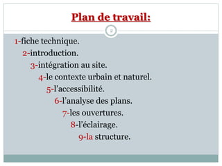 Plan de travail:
2
1-fiche technique.
2-introduction.
3-intégration au site.
4-le contexte urbain et naturel.
5-l’accessibilité.
6-l’analyse des plans.
7-les ouvertures.
8-l’éclairage.
9-la structure.
 
