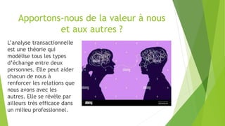 Apportons-nous de la valeur à nous
et aux autres ?
L’analyse transactionnelle
est une théorie qui
modélise tous les types
d’échange entre deux
personnes. Elle peut aider
chacun de nous à
renforcer les relations que
nous avons avec les
autres. Elle se révèle par
ailleurs très efficace dans
un milieu professionnel.
 