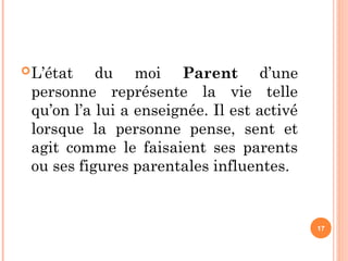 L’état du moi Parent d’une
personne représente la vie telle
qu’on l’a lui a enseignée. Il est activé
lorsque la personne pense, sent et
agit comme le faisaient ses parents
ou ses figures parentales influentes.
17
 