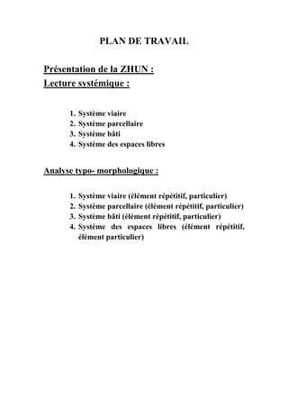 PLAN DE TRAVAIL
Présentation de la ZHUN :
Lecture systémique :
1. Système viaire
2. Système parcellaire
3. Système bâti
4. Système des espaces libres
Analyse typo- morphologique :
1. Système viaire (élément répétitif, particulier)
2. Système parcellaire (élément répétitif, particulier)
3. Système bâti (élément répétitif, particulier)
4. Système des espaces libres (élément répétitif,
élément particulier)
 