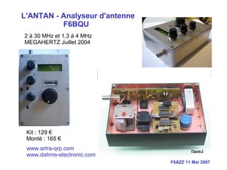 F6AZZ 11 Mai 2007
L'ANTAN - Analyseur d'antenne
F6BQU
www.artra-qrp.com
www.dahms-electronic.com
Kit : 129 €
Monté : 165 €
2 à 30 MHz et 1,3 à 4 MHz
MEGAHERTZ Juillet 2004
 