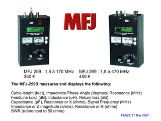 F6AZZ 11 Mai 2007
The MFJ-259B measures and displays the following:
Cable length (feet), Impedance Phase Angle (degrees) Resonance (MHz)
FeedLine Loss (dB), Inductance (uH), Return loss (dB)
Capacitance (pF), Reactance or X (ohms), Signal Frequency (MHz)
Impedance or Z magnitude (ohms), Resistance or R (ohms)
SWR (referenced to 50 ohms)
MFJ 259 : 1,8 à 170 MHz MFJ 269 : 1,8 à 470 MHz
350 € 450 €
 