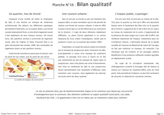Planche N°16 :           Bilan qualitatif
        Un quartier, lieu de mixité :                                        Une couture urbaine :                                       Lʼespace public, à partager :

        Composé dʼune variété de styles et dʼépoques                         Que ce soit par sa mixité ou par son évolution des          Cet axe sans être structurant au niveau de la ville,
    de bâti, le site montre un manque de cohérence                       espaces bâtis, on peut considérer que le site permet de     lʼest pour le quartier au titre quʼil oﬀre une deuxième
    architecturale. Par ailleurs, les diﬀérentes typologies              réaliser une forme de couture urbaine. Il relie en eﬀet     liaison entre le boulevard des État-Unis et le quartier
    permettent dʼatteindre, sur un espace réduit, une mixité             la place Carnot (par la rue des Réservoirs) au rond point   de la Victoire. Il gagnerait de ce fait à être mis en valeur
    sociale relativement forte. Le site allie le logement social         de la Victoire: il sʼagit de deux éléments totalement       au niveau du traitement de la voirie. Lʼopportunité de
    à des logements de tous niveaux sociaux. On trouve                   diﬀérents. La place Carnot appartient à un ancien           la présence de voies larges est à saisir aﬁn dʼoﬀrir une
    ainsi, des pavillons anciens à proximité de logement                 faubourg du tissu urbain Compiègnois, tandis que le         meilleure répartition de lʼespace, notamment pour les
    social, près de lʼéglise; le foyer dʼaccueil face à un               giratoire sʼouvre sur un quartier des années 1960.          circulations douces. Lʼétonnante boucle de la bande
    petit lotissement des années 1980; des immeubles de                                                                              cyclable de lʼavenue du Maréchal de Lattre de Tassigny
                                                                             Cependant, ce travail de couture urbain est entaché
    logements divers et des pavillons récents...                                                                                     ne fait que renforcer ce manque. En revanche, lʼon
                                                                         par le manque de progression dans lʼévolution du bâti,
                                                                                                                                     remarque que les trottoirs et les passages piétons
        Cette mixité constitue un atout pour le secteur, tant            principalement à cause dʼun manque de cohérence
                                                                                                                                     bénéﬁcient dʼune présence suﬃsante rendant agréable
    du point de vue urbain, que du point de vue social.                  globale. Le passage dʼun tissu à lʼautre ne se fait
                                                                                                                                     un déplacement à pied.
                                                                         pas violemment du fait du manque de repère dans la
                                                                         progression, mais crée plutot une sorte dʼétonnement.           Au    sujet   de   la   circulation   automobile,   des
                                                            XIXe

                                                                         Une mise en cohérence du bâti et une progression            aménagements seraient à envisager aﬁn de réduire la
                                                                         douce permettraient non seulement dʼeﬀectuer cette          vitesse sur lʼavenue du maréchal Joﬀre, près du rond
                                Époques de construction du bâti
                                    XXe siècle              Moderne
                                                                         transition sans surprise, mais également de valoriser       point. Cela permettrait dʼobtenir un plus fort sentiment
                                    Entre Deux Guerres      Récent
                                    Reconstruction
                                                                         cet accès entre les deux quartier.                          de sécurité, et réduirait les nuisances sonores.
               La variétés de époques de construction




                                                Le site ne présente donc pas de dysfonctionnement majeur et ne constitue sans doute pas une priorité
                                            dʼaménagement pour la commune. Des éléments confèrent un aspect qualitatif (rond point, city stade,
                                                 boulevard des USA...) et gagneraient à être mis en valeur par un traitement urbain plus cohérent.




Chopin Pierre-Yves - Automne 2006                                                    UR02 - Analyse dʼun Espace Public                                                                        Page 17
 