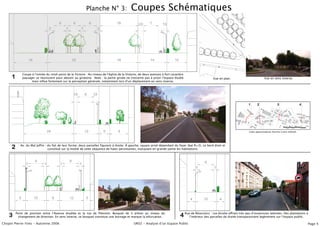 Planche N° 3:                    Coupes Schématiques
                                                                                                  2,5              1,5




             Coupe à lʼentrée du rond-point de la Victoire : Au niveau de lʼéglise de la Victoire, de deux avenues à fort caractère
     1       paysager se réunissent pour aboutir au giratoire. Note : la partie grisée ne concerne pas à priori lʼespace étudié                        Vue en plan.                             Vue en sens inverse.
                   mais influe fortement sur la perception générale, notamment lors dʼun déplacement en sens inverse.



                                                  1,5           1,5

                                                                                                                                                                                1        2                   3                      4




                                                                                                                                                                                 Cotes approximatives fournies à titre indicatif.




            Av. du Mal Joffre : du fait de leur forme, deux parcelles figurent à droite. À gauche, square privé dépendant du foyer (bat R+3). Le bord droit et
     2                          constitué sur la moitié de cette séquence de haies persistantes, masquant en grande partie les habitations.




         Point de jonction entre lʼAvenue étudiée et la rue de Piémont. Bosquet de 4 arbres au niveau du
    3      changement de direction. En sens inverse, ce bosquet constitue une bornage et marque la bifurcation.                 4 Ruelʼintérieur des parcelles de droite transparaissent légèrement sur lʼespace public. à
                                                                                                                                       de Réservoirs : rue étroite offrant très peu dʼouvertures latérales. Des plantations


Chopin Pierre-Yves - Automne 2006                                                             UR02 - Analyse dʼun Espace Public                                                                                                         Page 4
 
