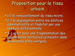 Proposition pour le tissu
Proposition pour le tissu
urbain
urbain
1-) le renouvellement du tissu mixte.
1-) le renouvellement du tissu mixte.
2-) la ségrégation entre les édifices
2-) la ségrégation entre les édifices
administratifs et l’habitat par une
administratifs et l’habitat par une
texture différentielle.
texture différentielle.
3-) opter pour une fragmentation des
3-) opter pour une fragmentation des
equipements tertiaires.(s’investir dans
equipements tertiaires.(s’investir dans
de nouveau sites vierges)
de nouveau sites vierges)
 